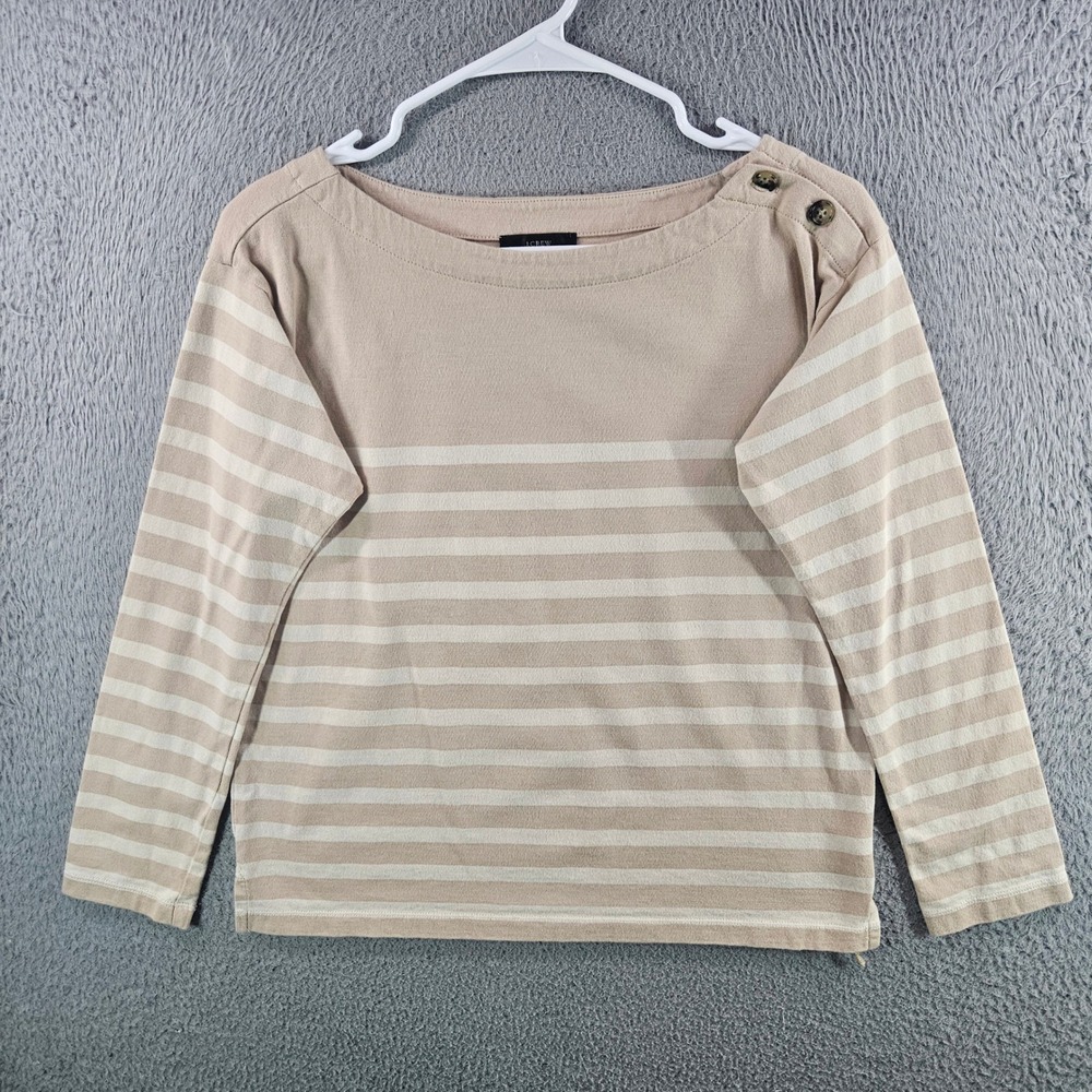 J.Crew Womens XS Tan Striped Boatneck Long Sleeve T-Shirt Button Shoulder Cotton
